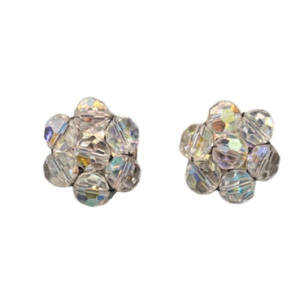 Vintage Earrings Aurora Borealis Crystal Beaded Flowers Clip On 50s 60s Jewelry - Picture 9 of 16